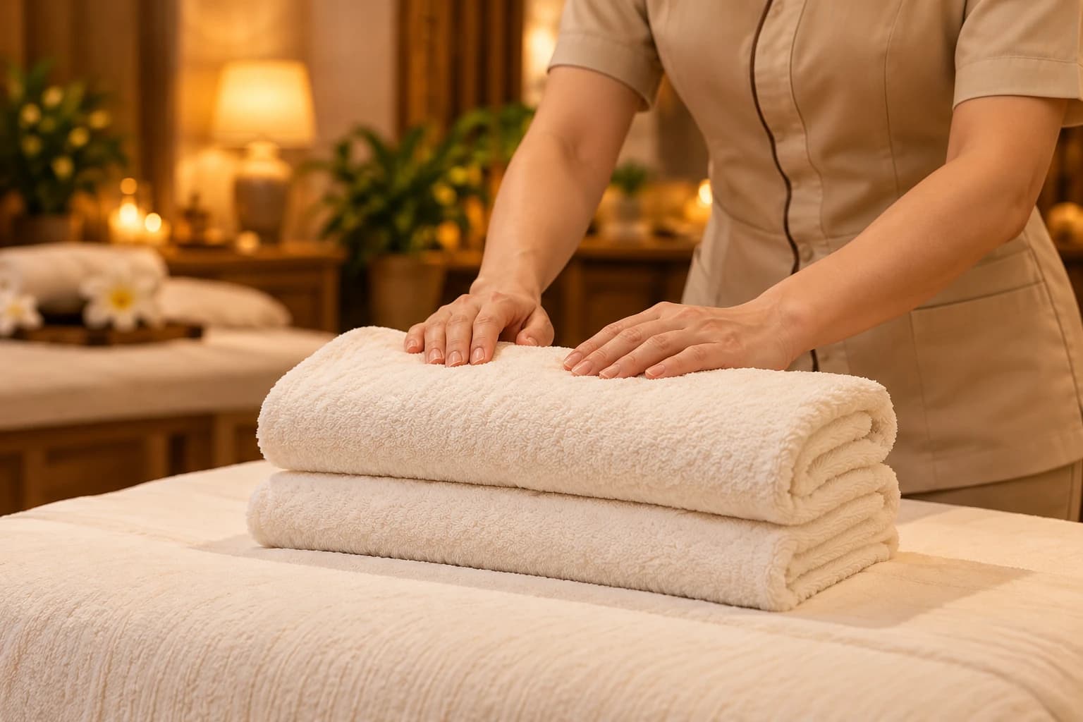 Nhân viên chuẩn bị khăn sạch cho buổi chăm sóc
