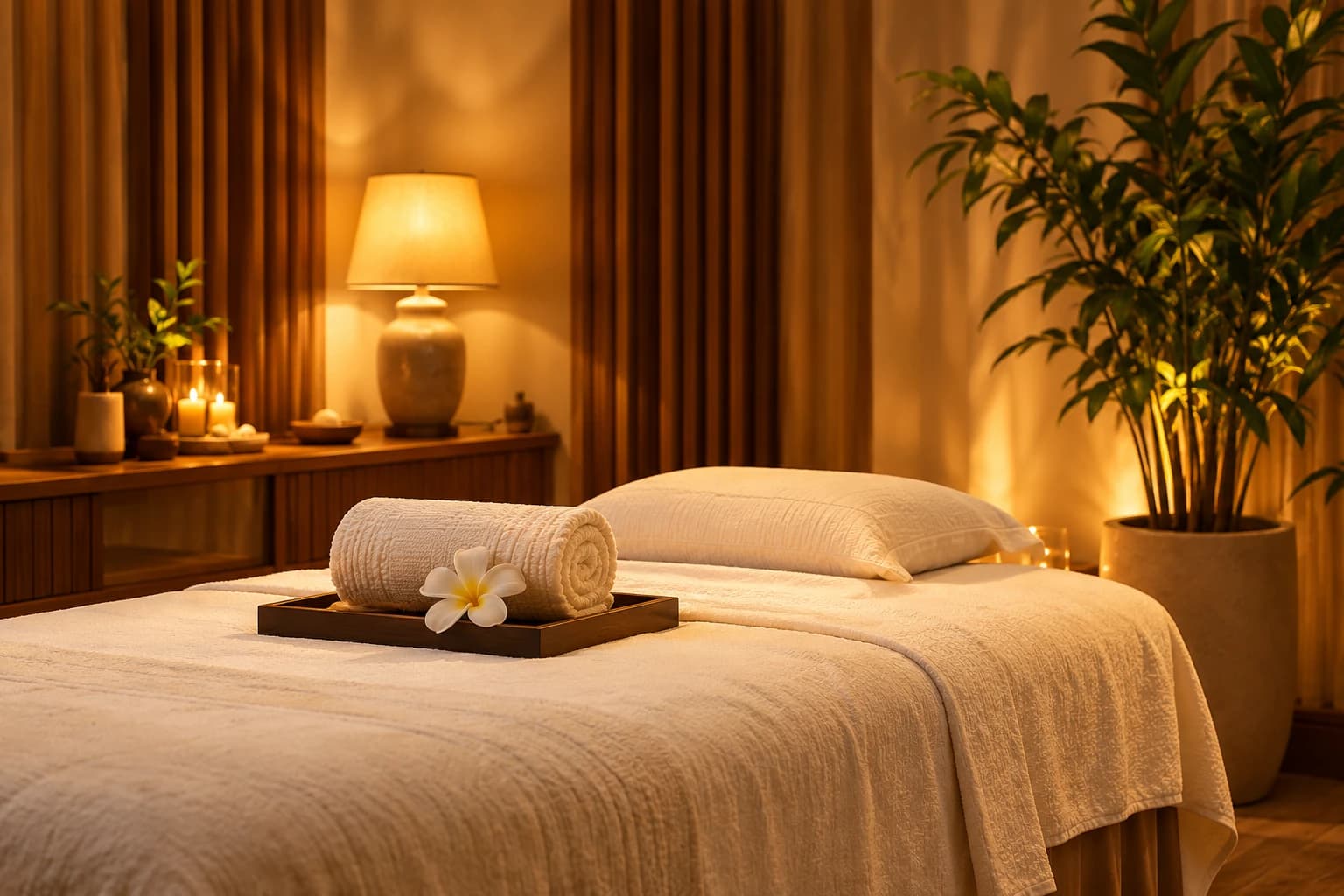 Giường chăm sóc với khăn mềm, hoa và ánh đèn dịu ấm