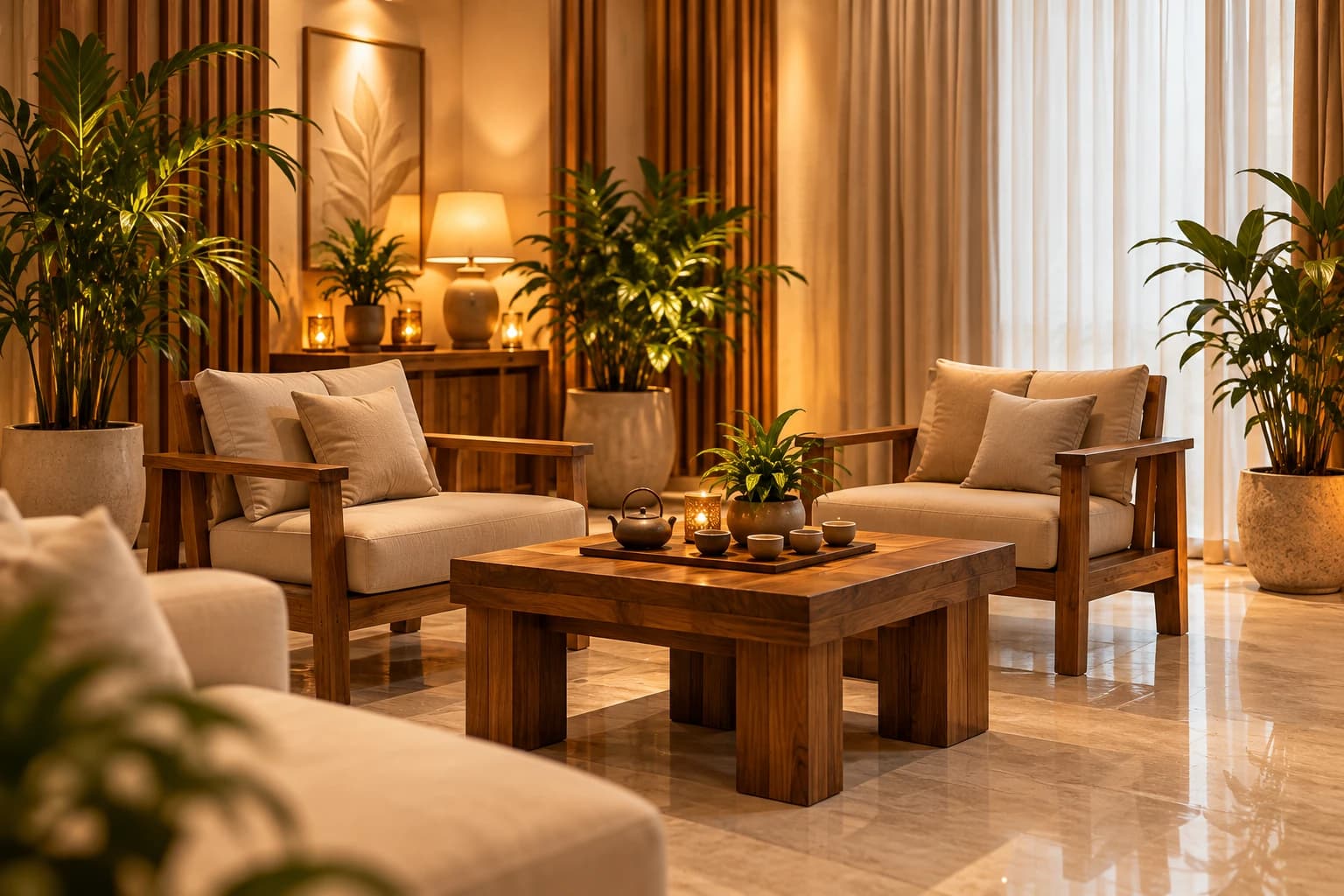 Góc tiếp đón với ghế màu kem, bàn gỗ và cây xanh