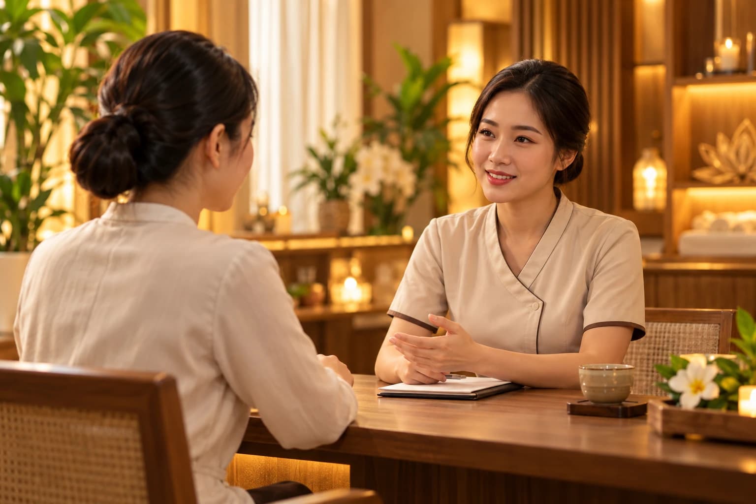 Nhân viên lắng nghe và tư vấn nhu cầu chăm sóc