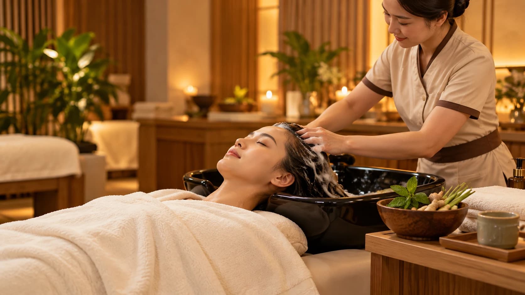Gội đầu thảo dược trong không gian yên tĩnh
